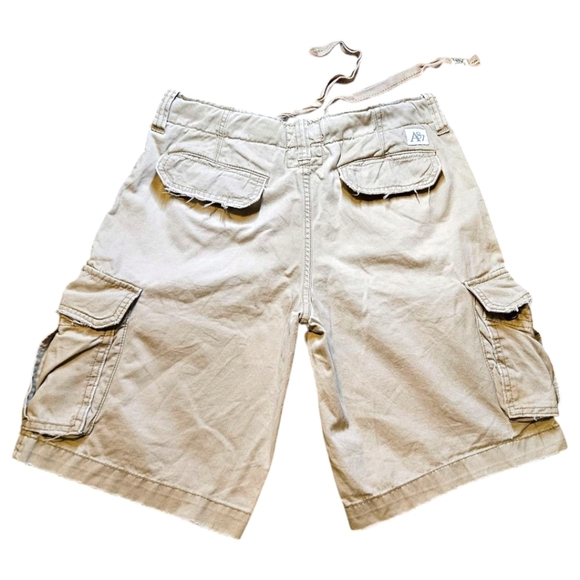 Aeropostale Mens Cargo Shorts 31” Y2K Beige Button Drawstring Distressed Baggy - Picture 2 of 10